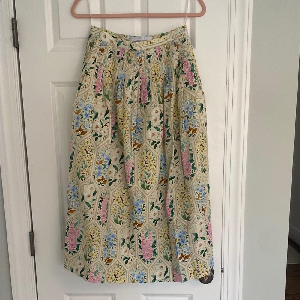 HUNTER BELL Blue and Green A-Line Midi Skirt with Pleats for Casual Wear